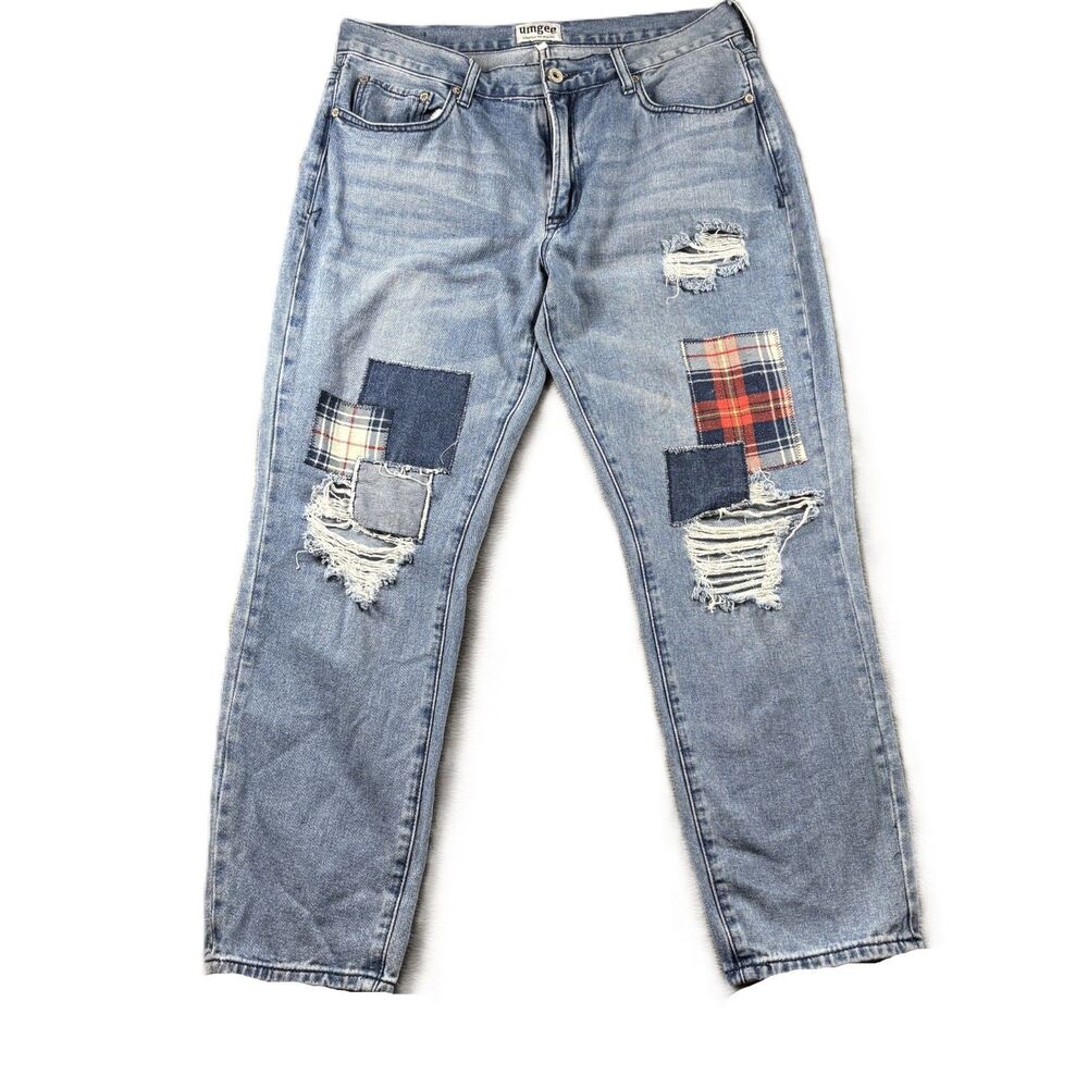 Umgee Women Boyfriend Jeans Patchwork Distressed Boho Festival Size 32 P260